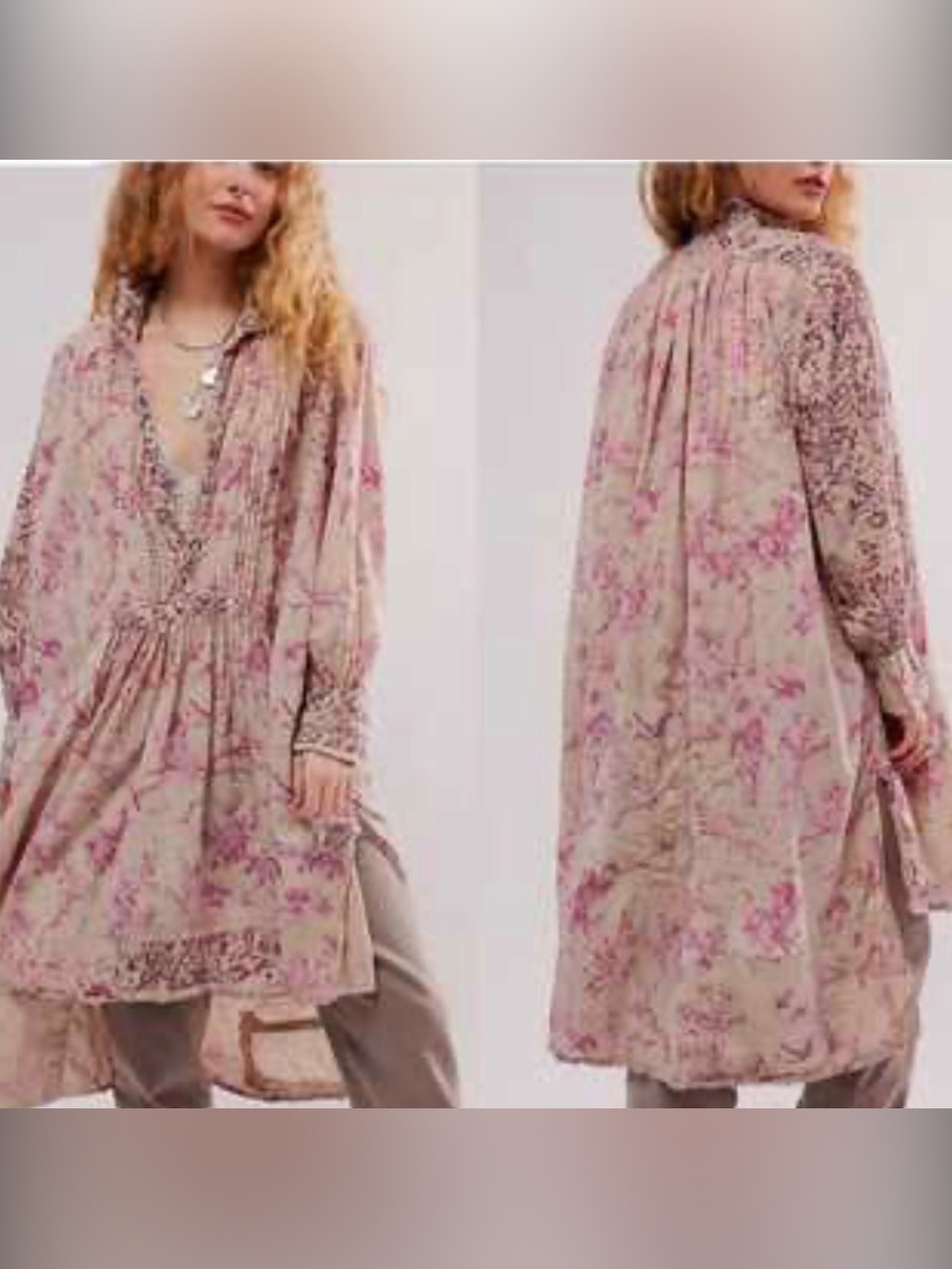 MAGNOLIA PEARL Boho Floral Pintuck Tunic Dress in Blush Beige and Rose
